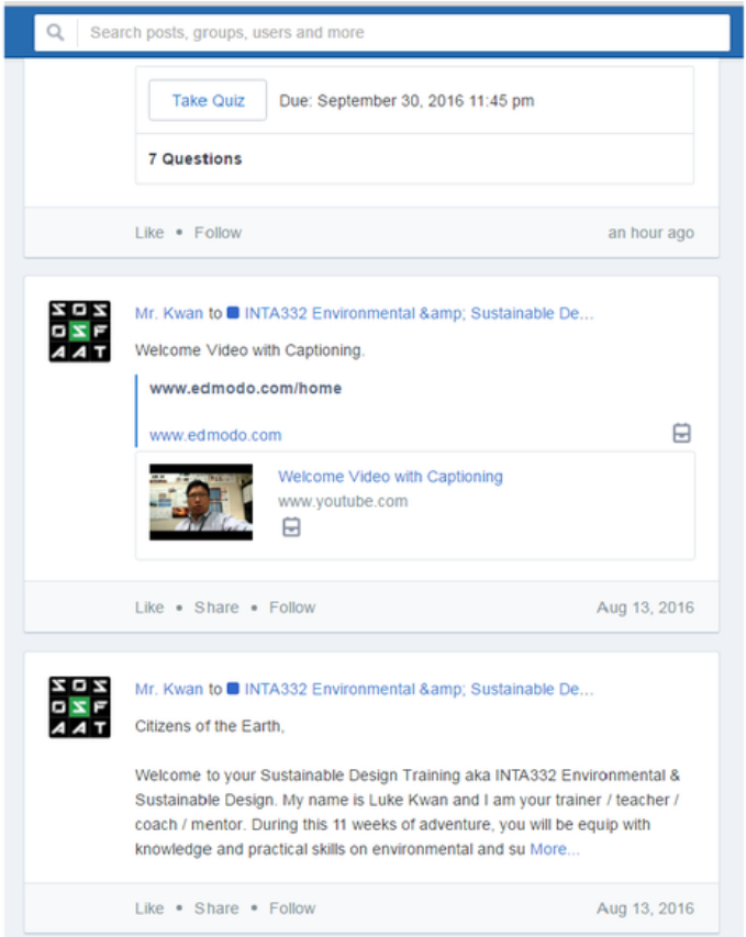 screenshot of Edmodo site displaying Welcome email and video posts