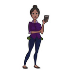 Indian female with calculator on one hand.  She wears a purple blouse and blue jeans.